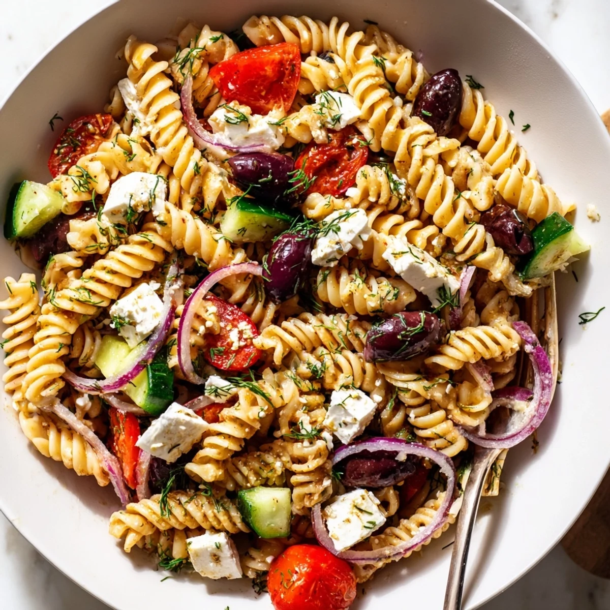 A vibrant bowl of Greek pasta salad tossed with Kalamata olives, fresh herbs, and tangy vinaigrette.