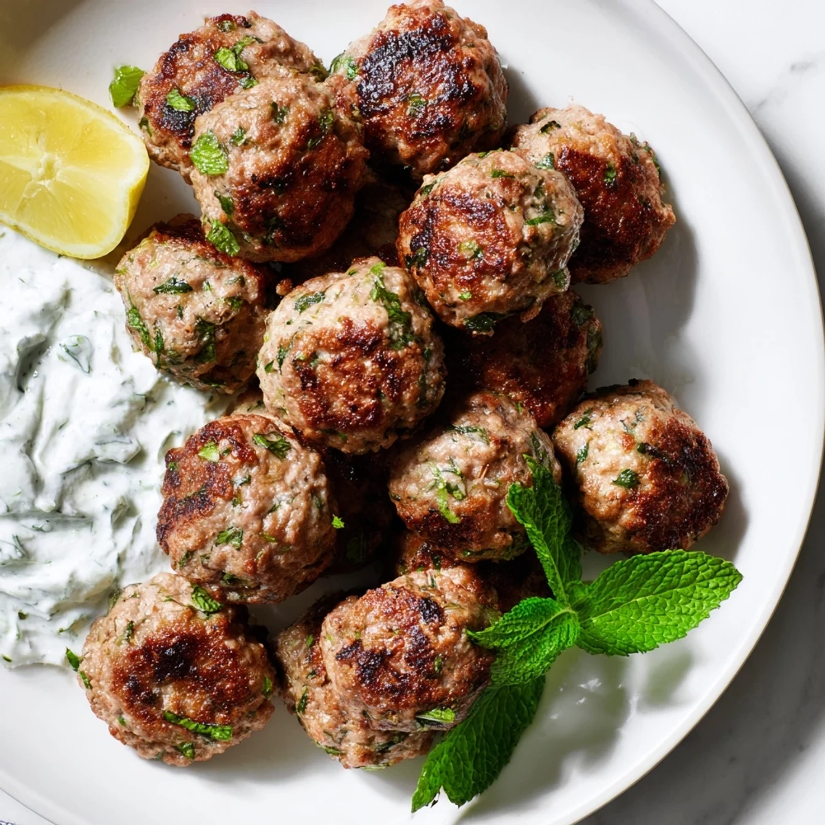 Golden Greek turkey meatballs nestled beside a bowl of cool, creamy tzatziki sauce.