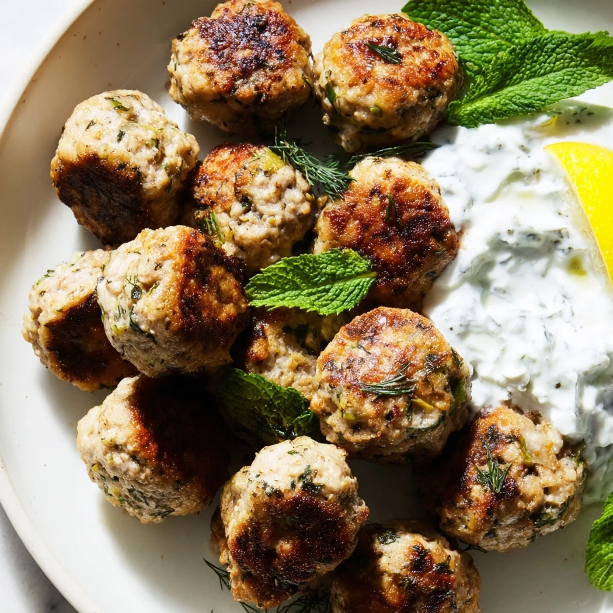 Herb-flecked Greek turkey meatballs drizzled with olive oil and bright lemon wedges.