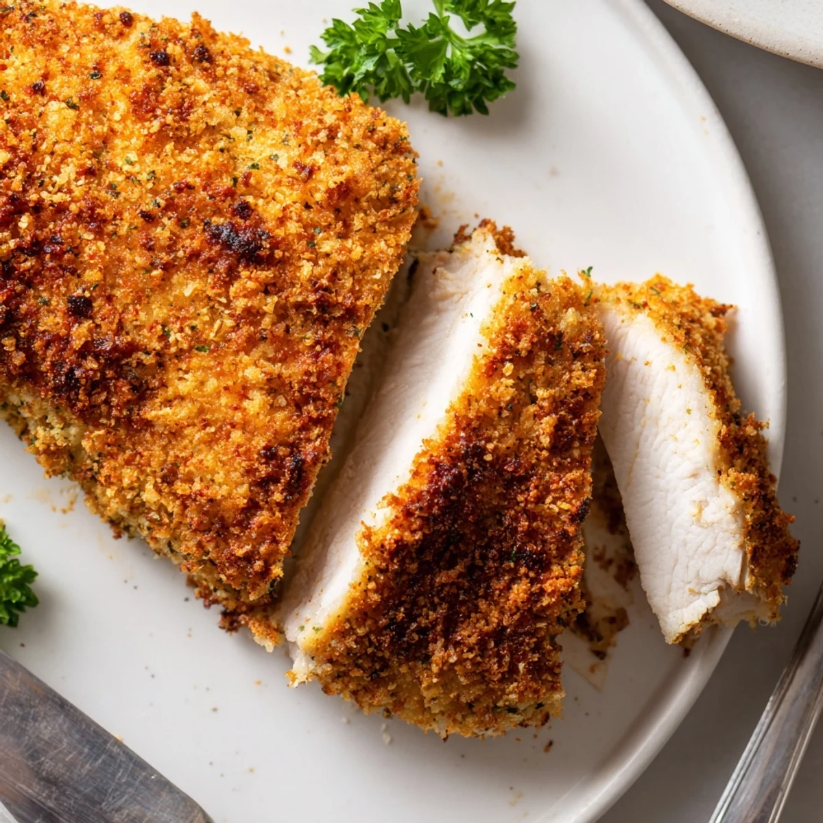 Golden crispy Paprika Parmesan Chicken fresh from the oven on a rustic baking sheet