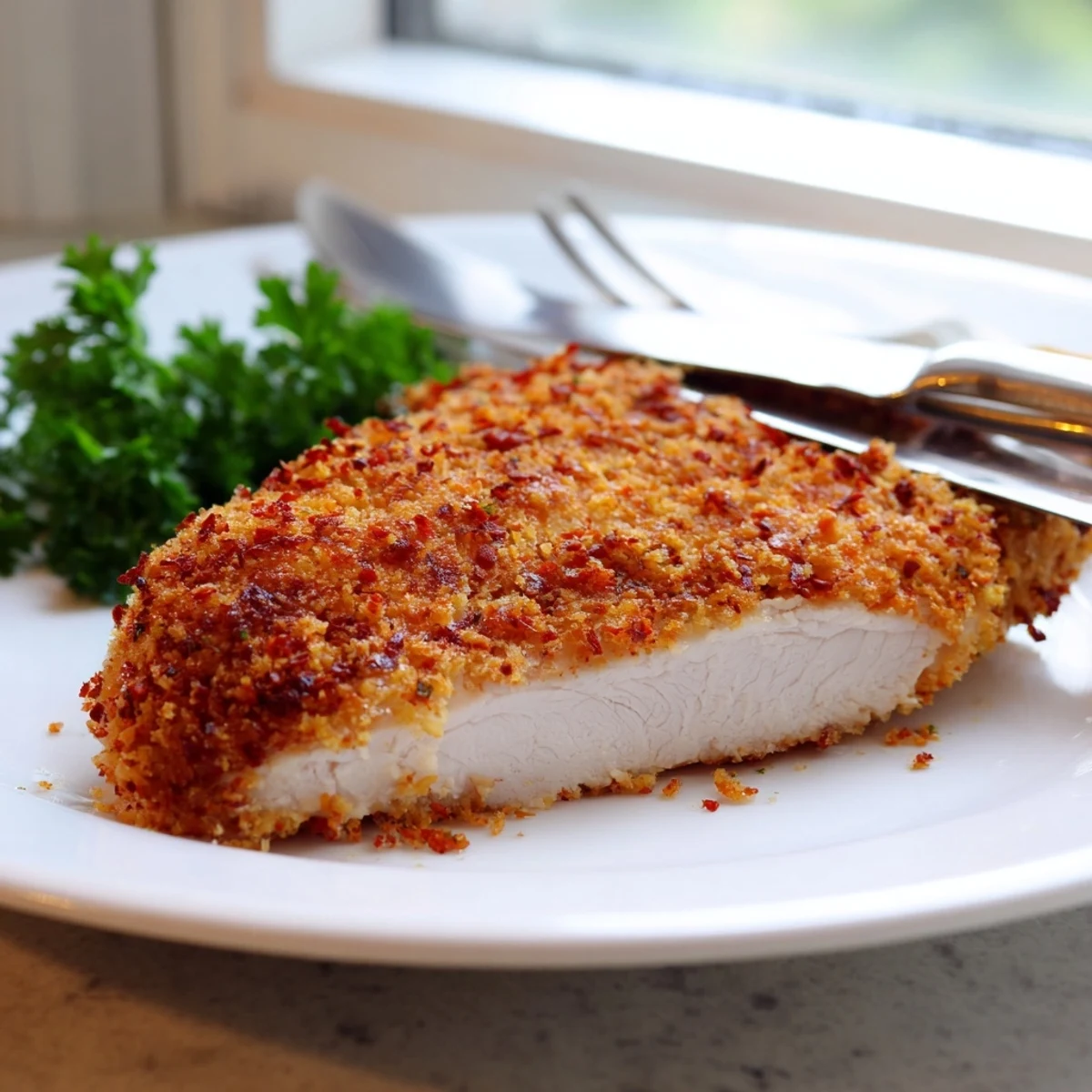Juicy Paprika Parmesan Chicken sliced open revealing tender meat with a spiced Parmesan crust