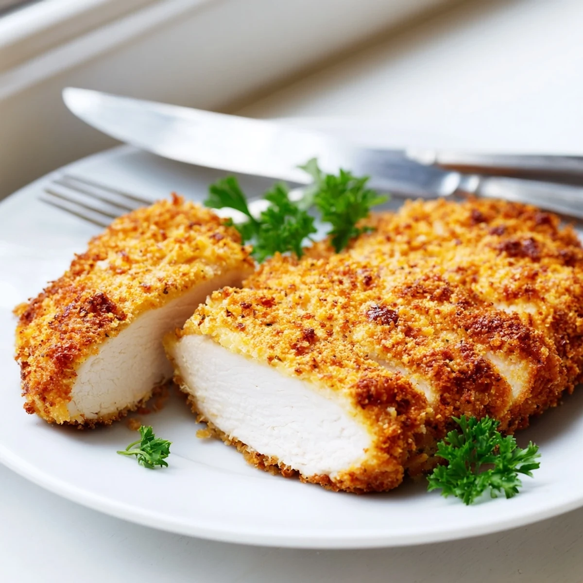 Paprika Parmesan Chicken served on a plate alongside roasted vegetables and fresh salad greens