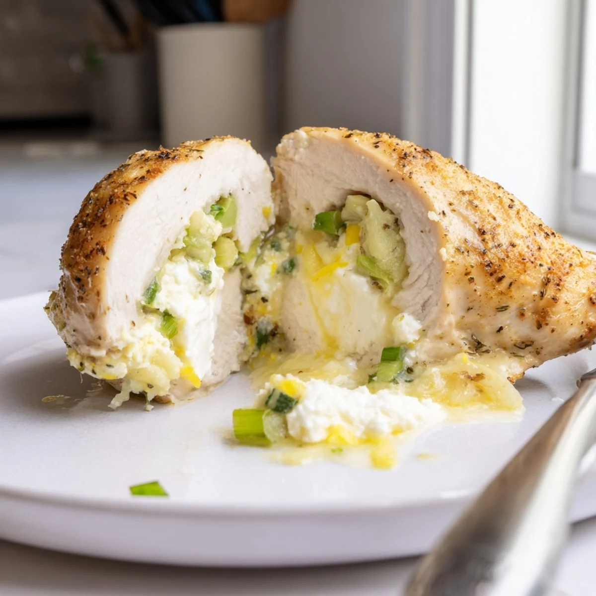 Golden goat cheese chicken stuffed with herbs, served fresh from the oven.