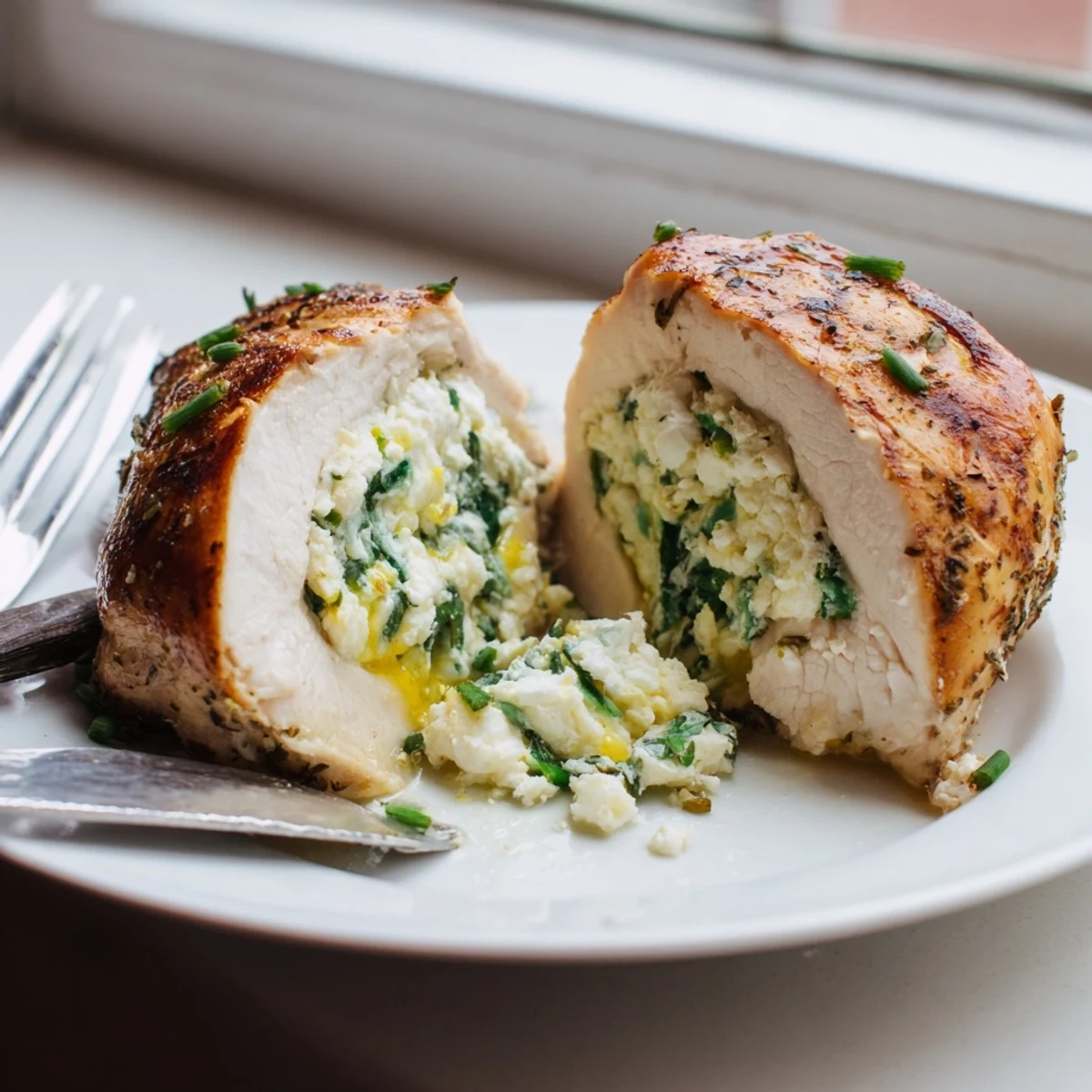 Creamy goat cheese chicken breast sliced open to reveal a herbed, bubbling filling.