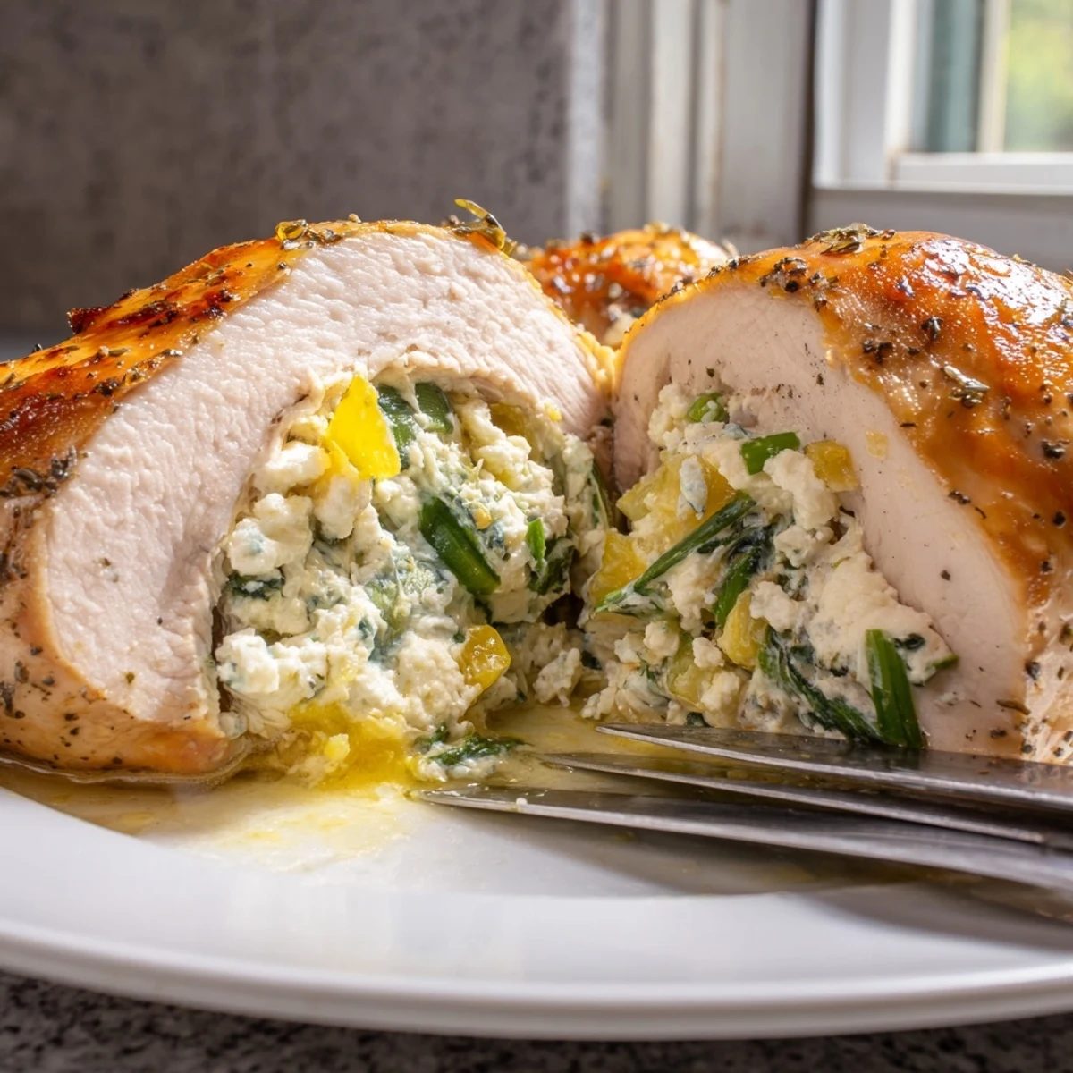 Juicy goat cheese chicken plated alongside roasted vegetables for an elegant weeknight dinner.