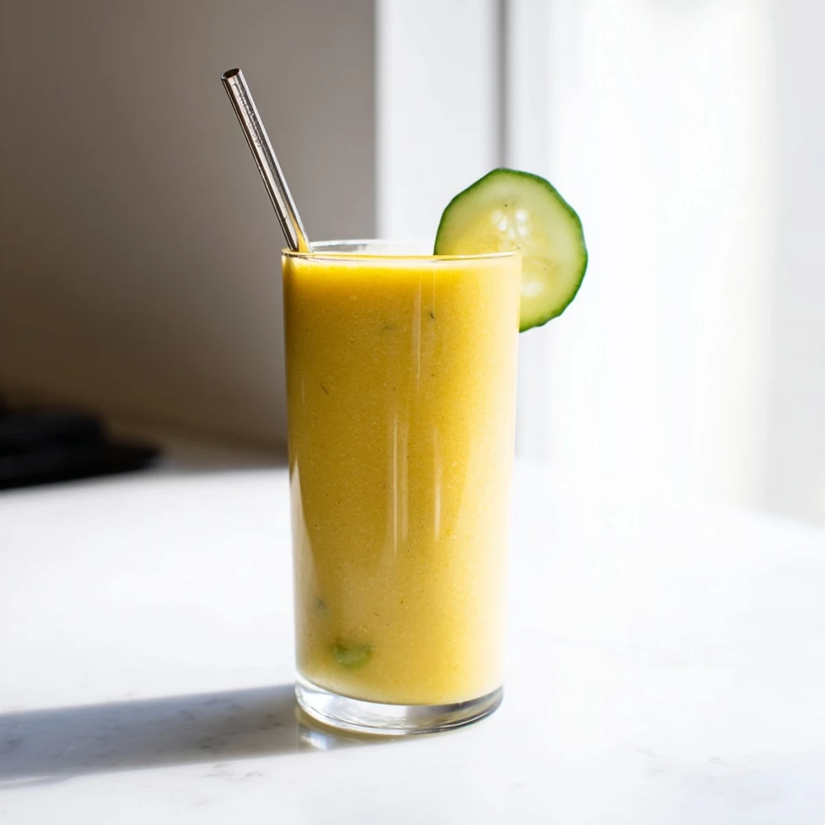 Bright yellow mango cucumber smoothie poured into a mason jar with mint