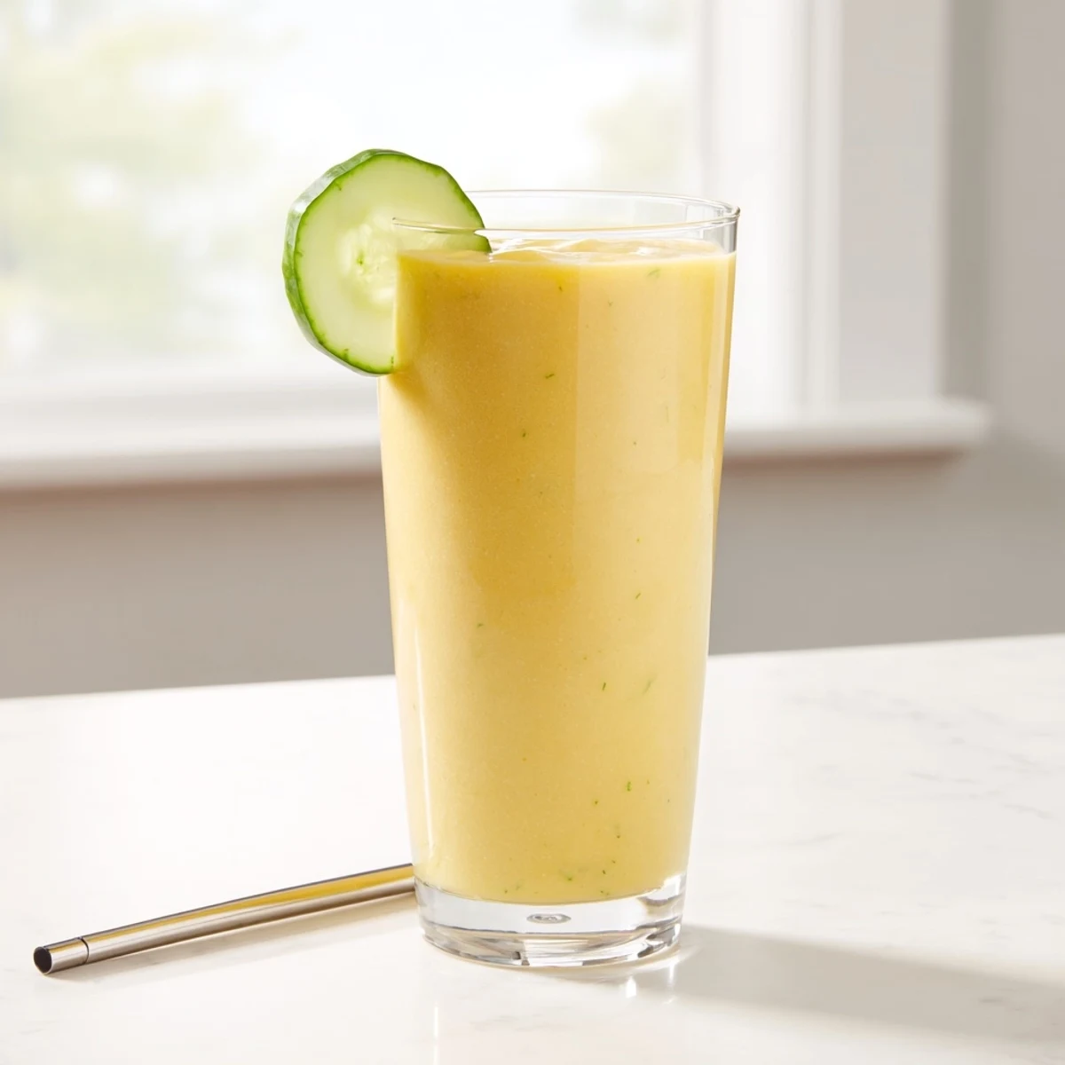 Tall glass of mango cucumber smoothie garnished with a fresh lime wedge