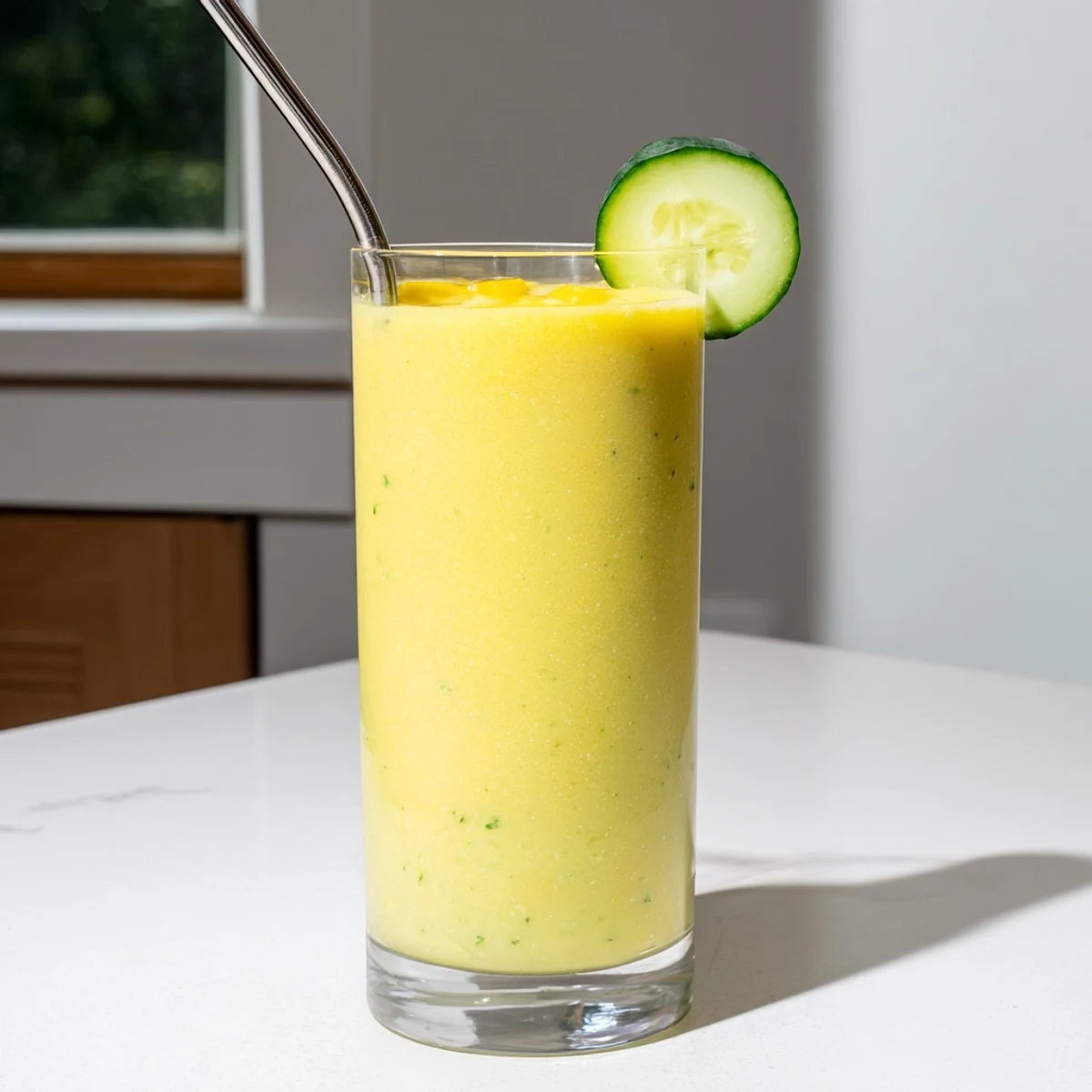 Creamy mango cucumber smoothie topped with diced cucumber and a striped straw