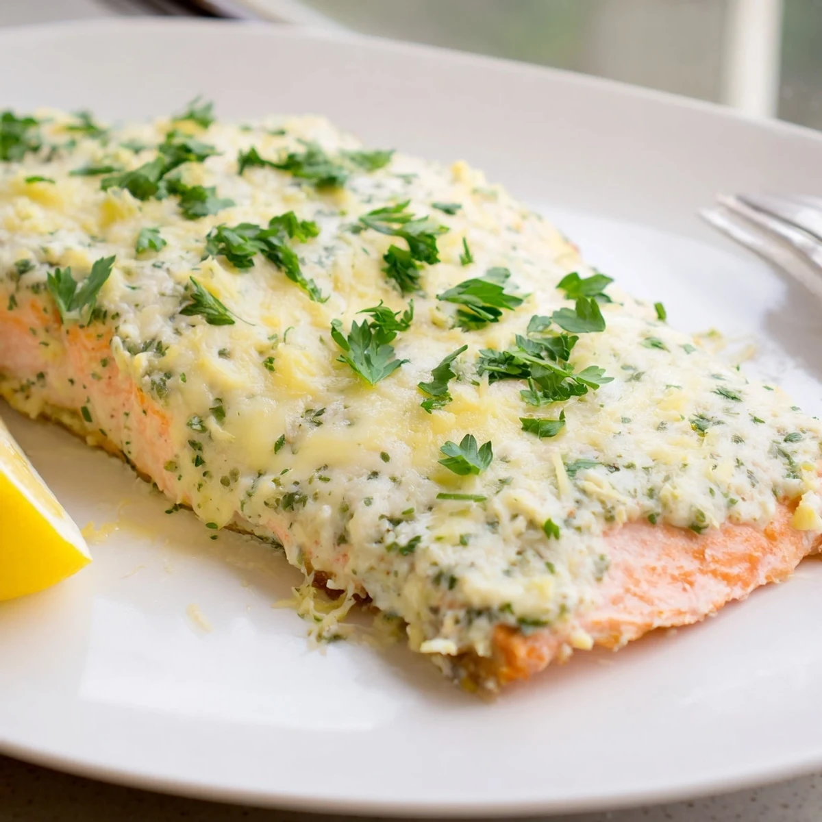 Golden Boursin salmon fillets baked with creamy herb cheese and bright lemon wedges