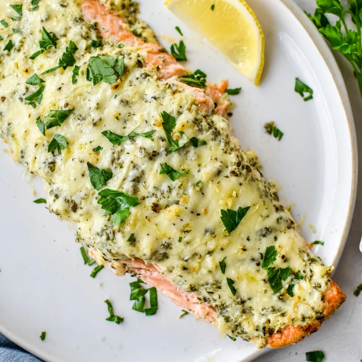 Creamy Boursin salmon topped with melted garlic herb cheese on a parchment-lined baking sheet