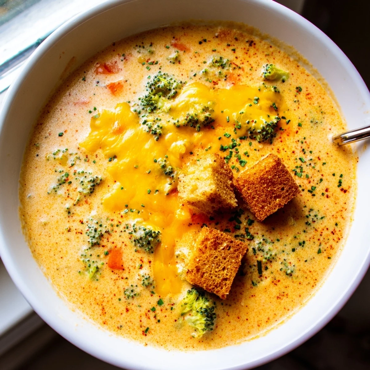 Slow cooker broccoli cheese soup topped with melted cheddar and fresh herbs