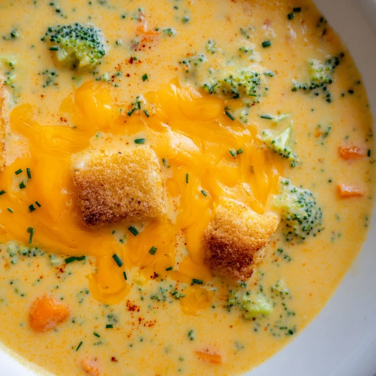 Creamy slow cooker broccoli cheese soup ladled into a rustic bread bowl