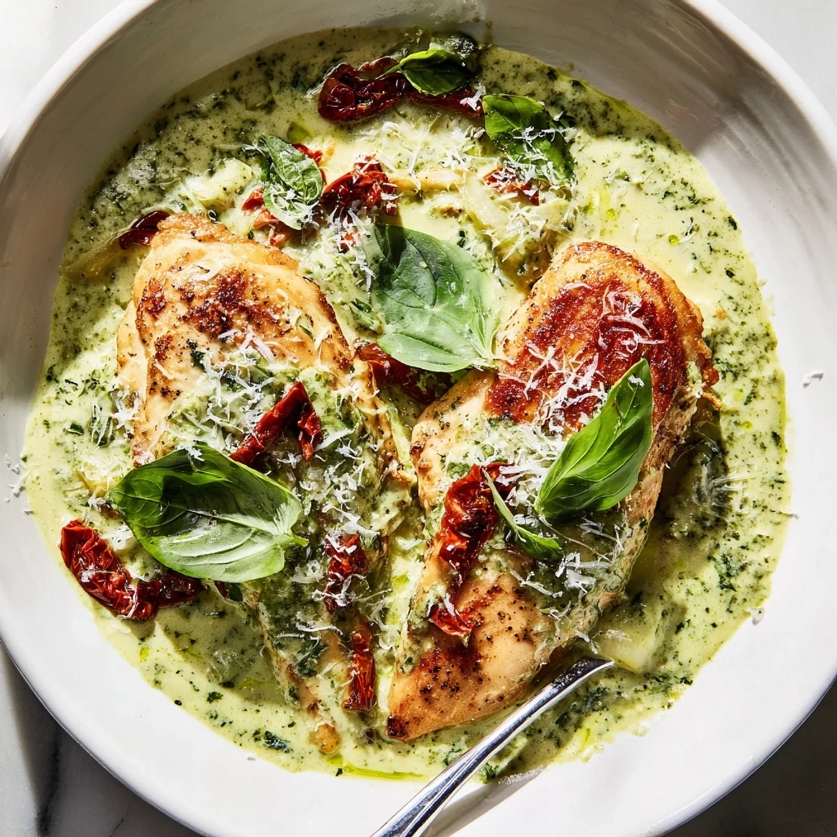 Creamy Marry Me Chicken Pesto with sun-dried tomatoes in a golden cast iron skillet
