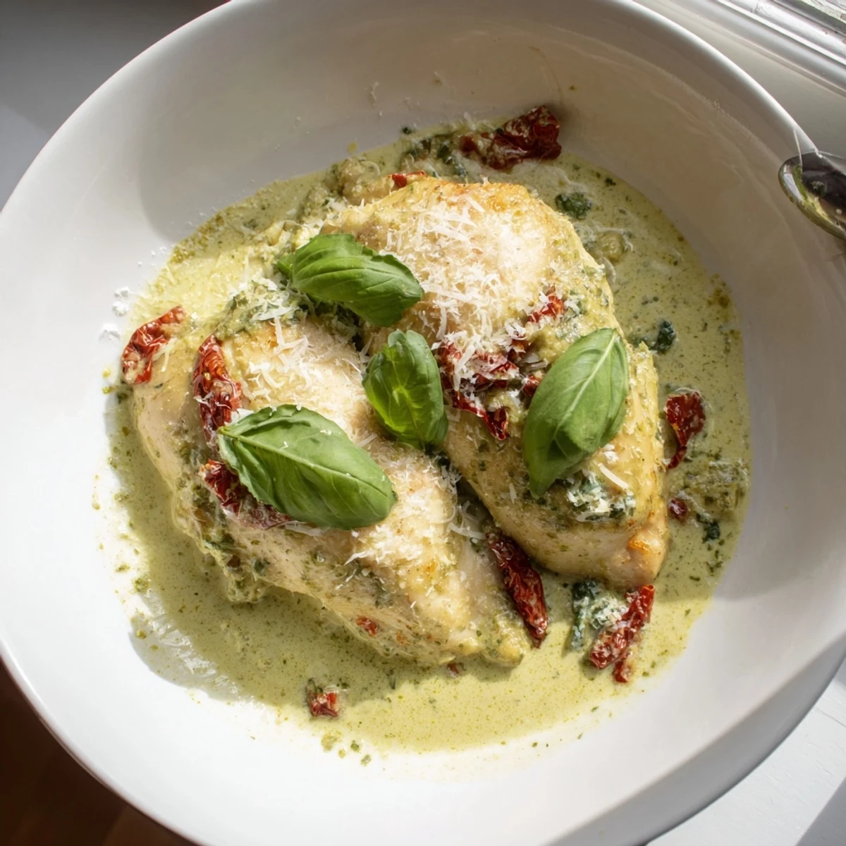 Golden seared Marry Me Chicken Pesto simmering in a velvety Parmesan pesto cream sauce