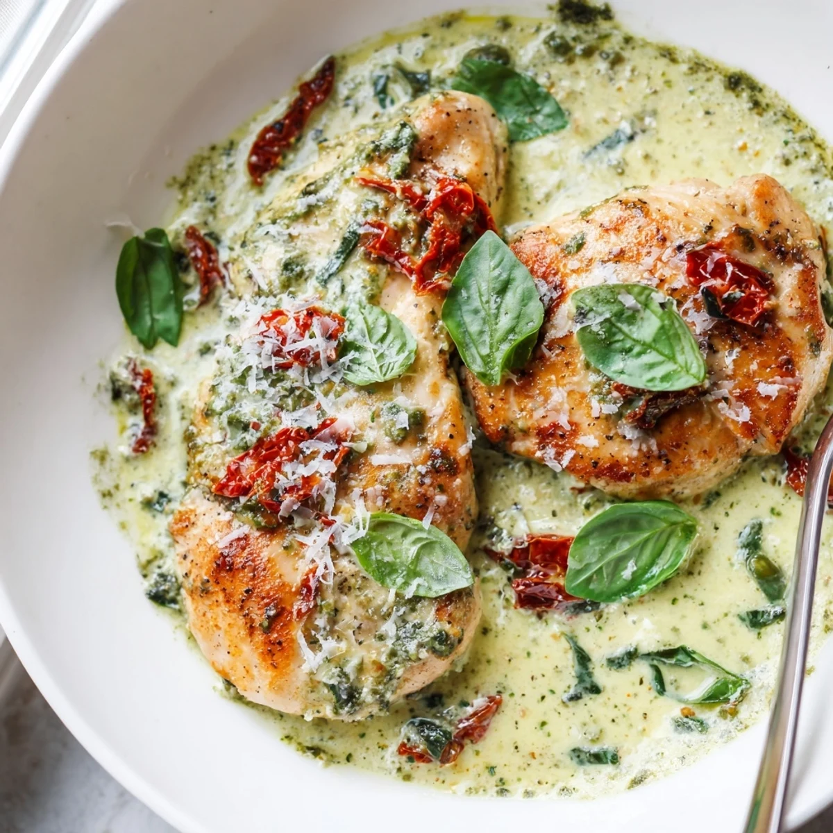 Tender Marry Me Chicken Pesto topped with fresh basil and served over warm pasta