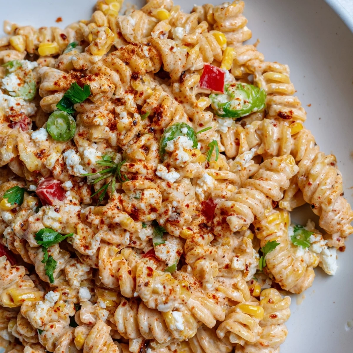 Creamy Elote Street Corn Pasta Salad topped with crumbled cotija and fresh cilantro