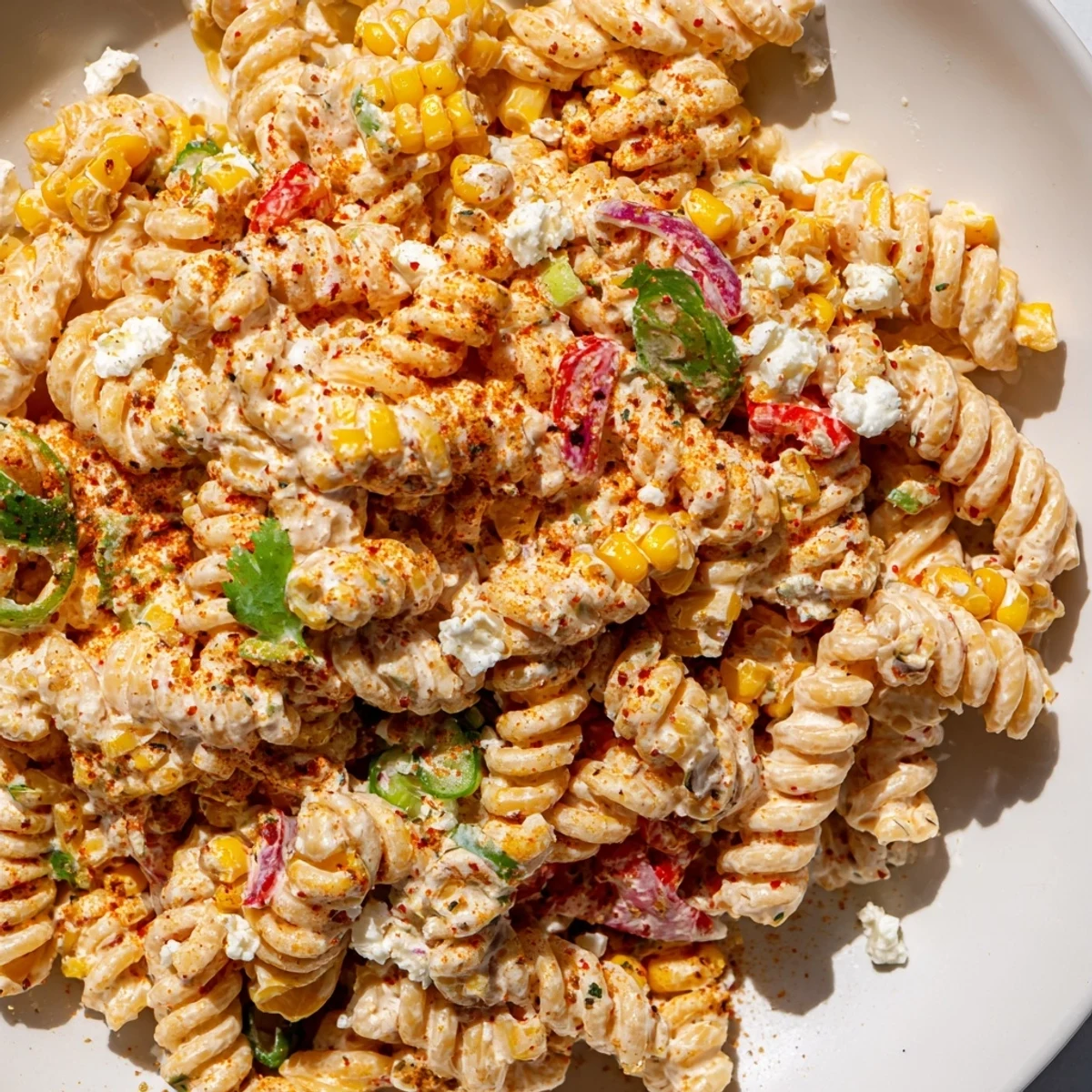 Chilled Elote Street Corn Pasta Salad served in a rustic bowl with lime wedges