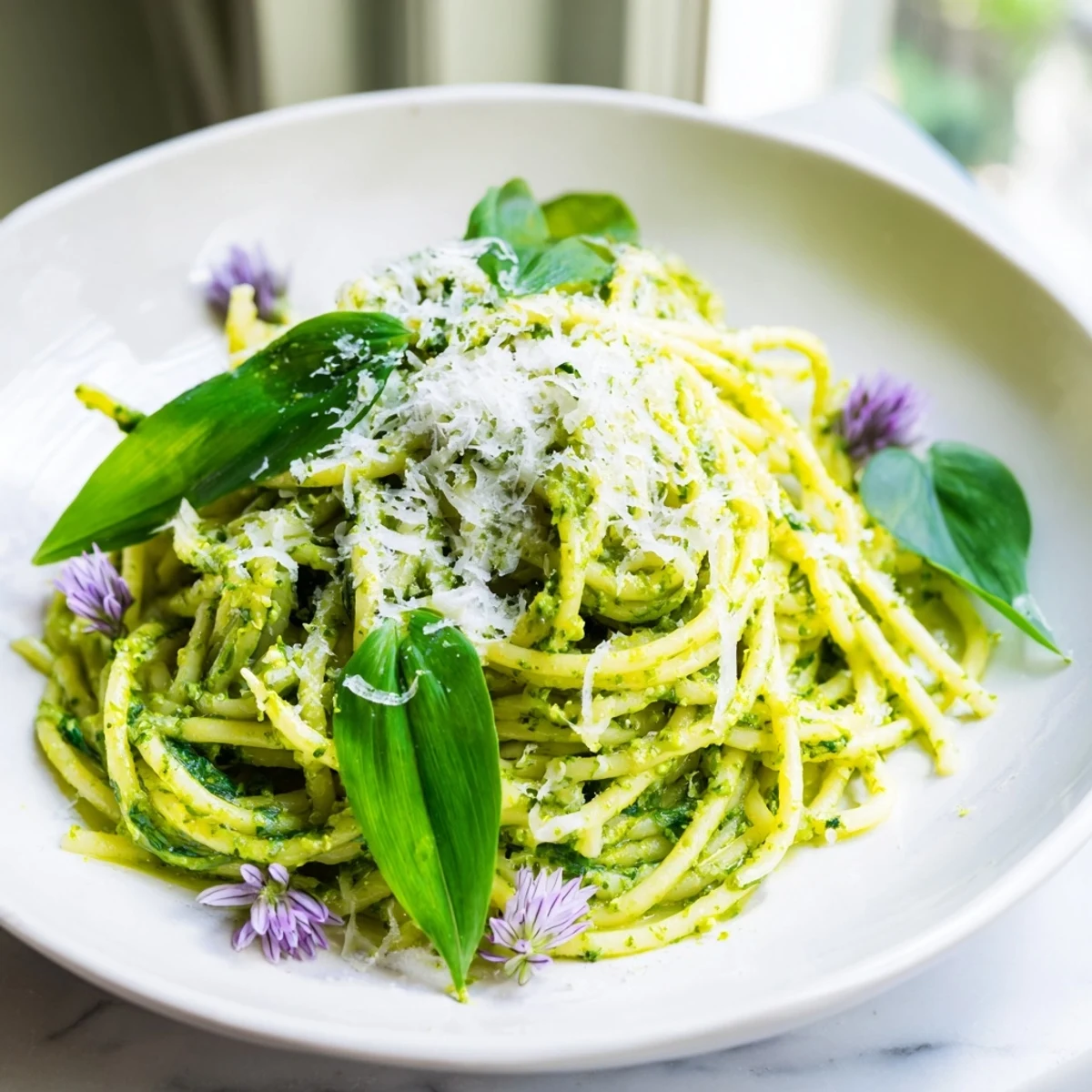 Bright wild garlic pesto pasta tossed with pine nuts and fresh Parmesan on a white plate