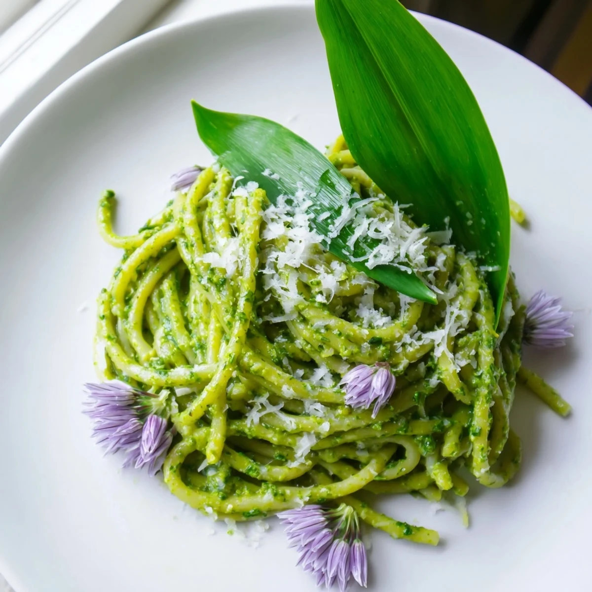 Steaming bowl of wild garlic pesto pasta garnished with edible flowers and shaved cheese