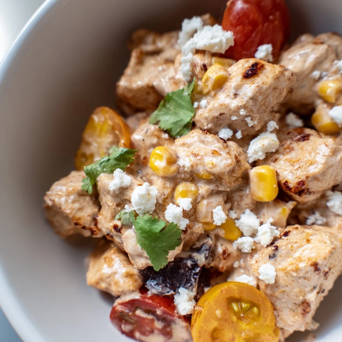 A colorful bowl of high protein chicken street corn salad garnished with fresh cilantro and crumbled cotija cheese.