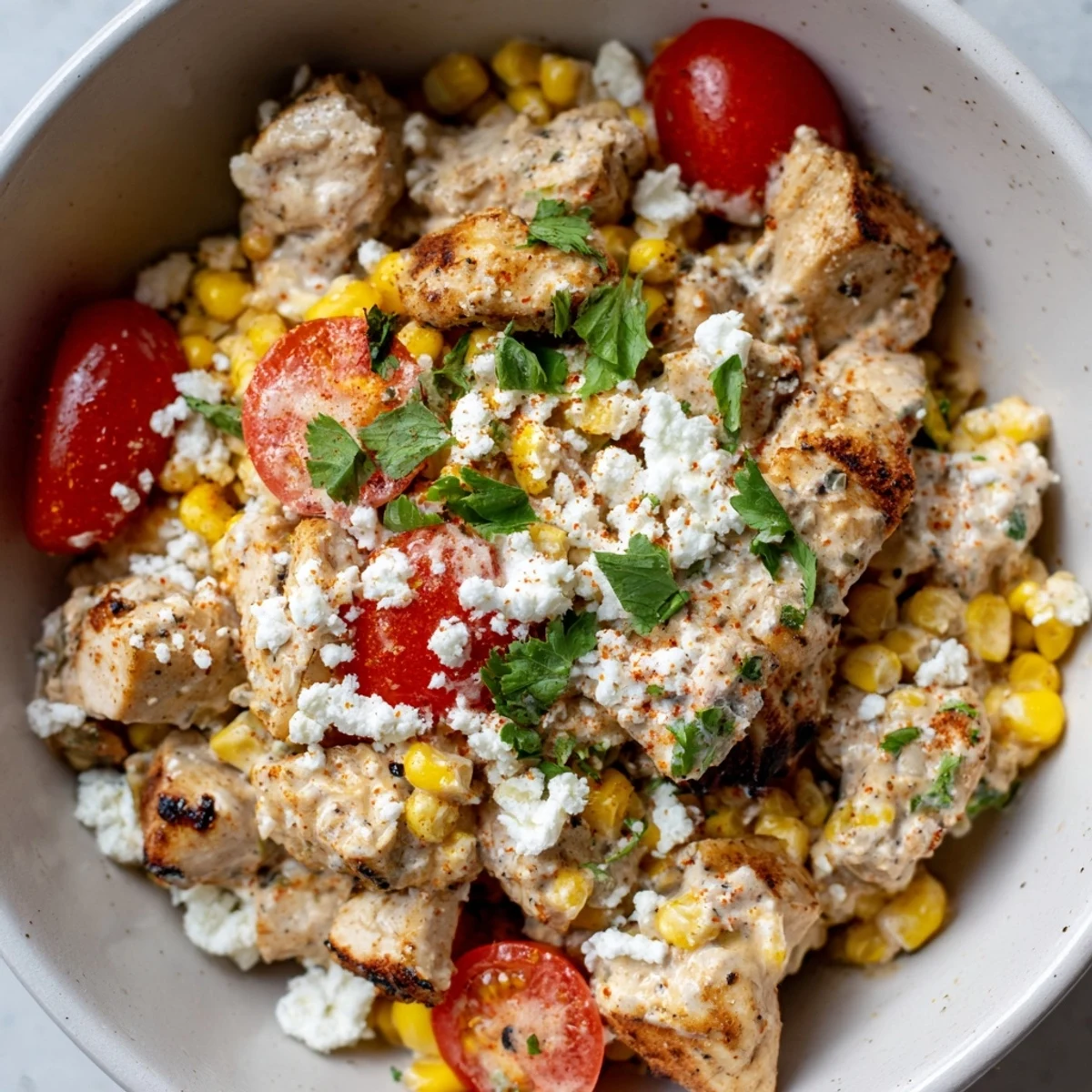 Close-up of high protein chicken street corn salad featuring creamy dressing, grilled chicken bites, and vibrant veggies.