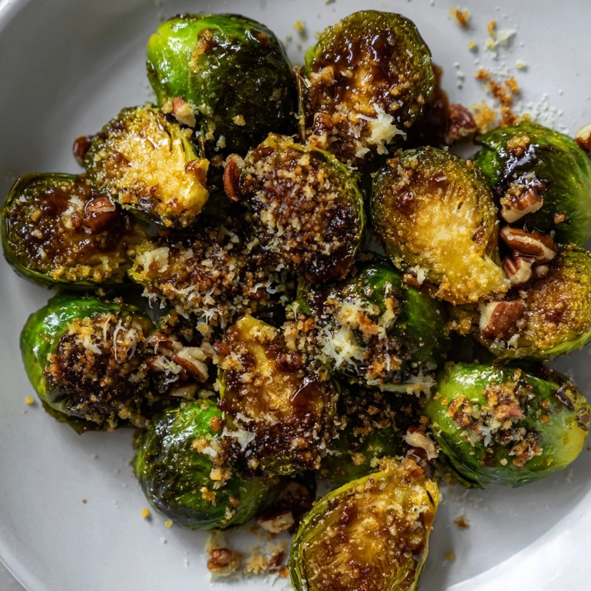 Close-up of tender roasted Brussels sprouts coated in a rich honey balsamic vinegar reduction.