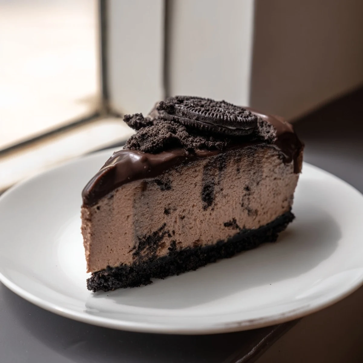 Thick slice of Oreo chocolate cheesecake with whipped cream and crushed cookies on top