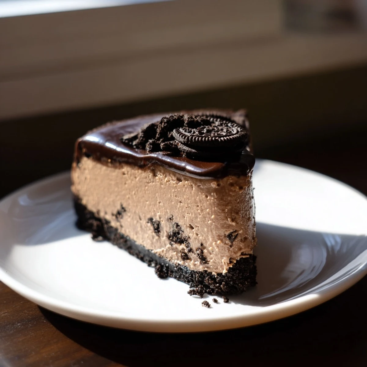 Decadent slice of this Oreo chocolate cheesecake served on a white dessert plate