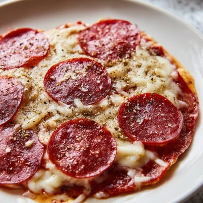 A baked Pepperoni Pizza Dip in a rustic dish, topped with oregano, red pepper flakes, and optional green bell peppers.  