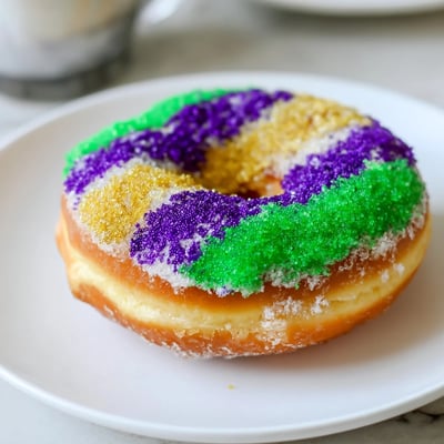 A close-up of fluffy Mardi Gras donuts, showcasing their golden-brown crust and vibrant colored sugar toppings.