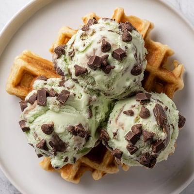 A warm waffle topped with scoops of vibrant green Mint Chocolate Chip Ice Cream.