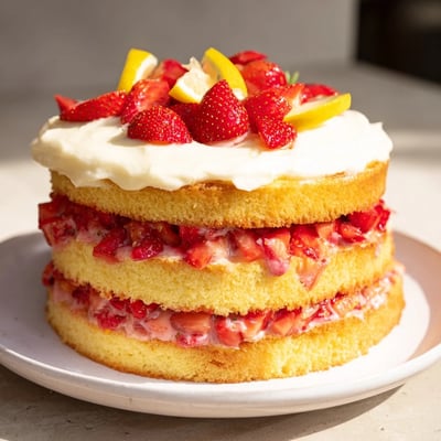 A close-up of Strawberry Lemonade Layer Cake reveals glossy lemon frosting and bright red strawberry filling peeking from between the tender cake layers.  