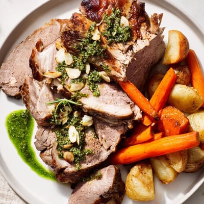A whole roasted leg of lamb with aromatic garlic and herb crust, carved and ready for a festive Sunday dinner table.  