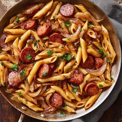 One pan sticky honey garlic sausage pasta skillet garnished with fresh green parsley