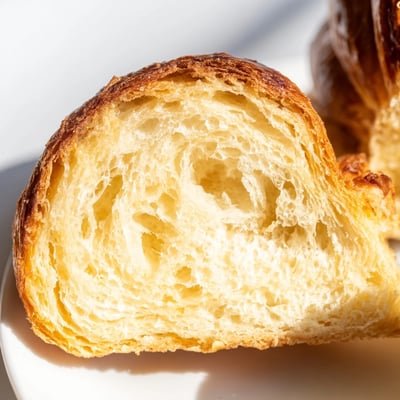 Sliced homemade croissant bread revealing honeycomb layers and golden crumb, perfect for breakfast or brunch