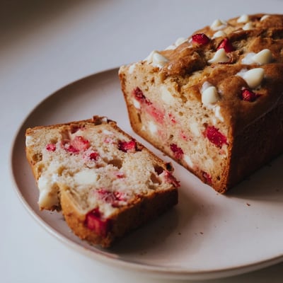 Freshly sliced strawberry sourdough white chocolate bread revealing tender crumb pockets and sweet fruit pieces throughout