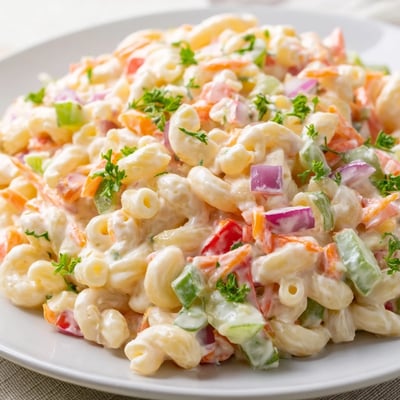 Tender elbow macaroni tossed with crunchy red bell pepper celery carrots and tangy mayonnaise dressing