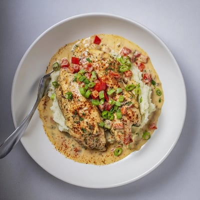 Skillet-baked Mississippi Mud Chicken bubbling with cheddar, garnished with chopped parsley
