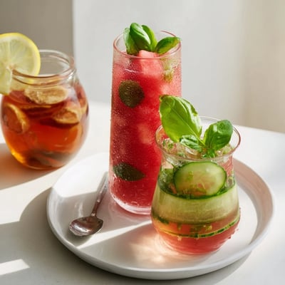 Bright watermelon basil Summer Detox Drinks poured over ice, herb-scented refreshment