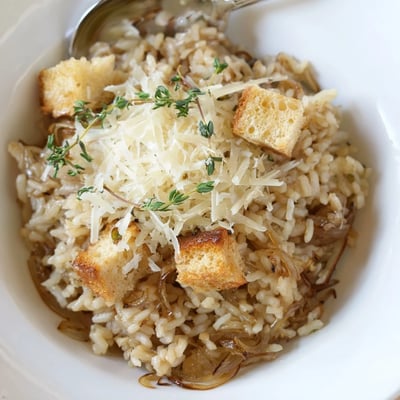 Hearty French Onion Soup Rice served in a casserole, golden cheese topping