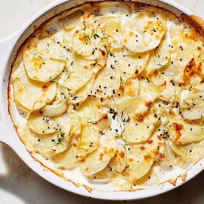 Creamy layered potato gratin spiced with aromatic nigella seeds and garlic