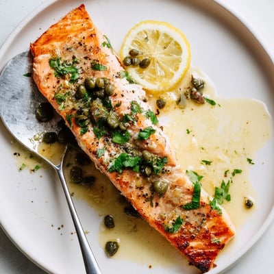 Salmon Piccata plated over angel hair pasta, glossy sauce, bright lemon slices  