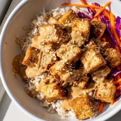 Tofu rice bowl with peanut sauce featuring julienned carrots, edamame, and shredded cabbage