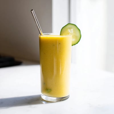 Bright yellow mango cucumber smoothie poured into a mason jar with mint