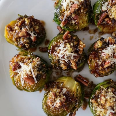 Serving dish of caramelized Honey Balsamic Brussels Sprouts topped with crunchy toasted pecans and Parmesan.