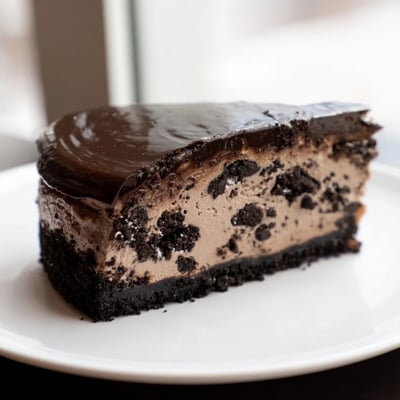 Rich Oreo chocolate cheesecake recipe drizzled with chocolate ganache and Oreo garnish